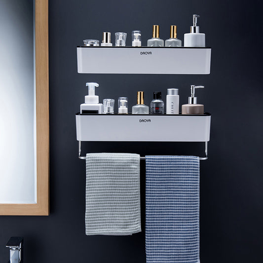 Wall Mounted Bathroom Shelf | Adhesive Organizer with Towel Bar for Toothbrush & Cosmetics