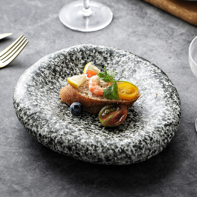 Handmade Irregular Ceramic Plate | Japanese Minimalist Marble Dinner Plate for Modern Dining