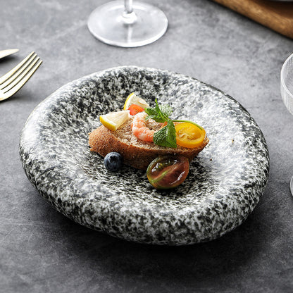 Handmade Irregular Ceramic Plate | Japanese Minimalist Marble Dinner Plate for Modern Dining
