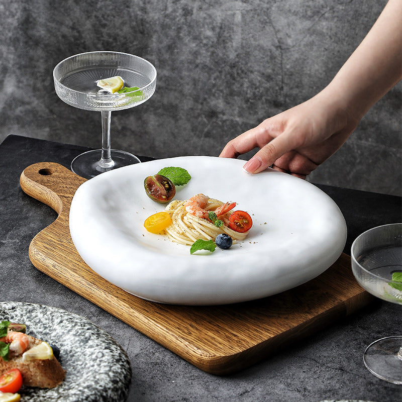 Handmade Irregular Ceramic Plate | Japanese Minimalist Marble Dinner Plate for Modern Dining
