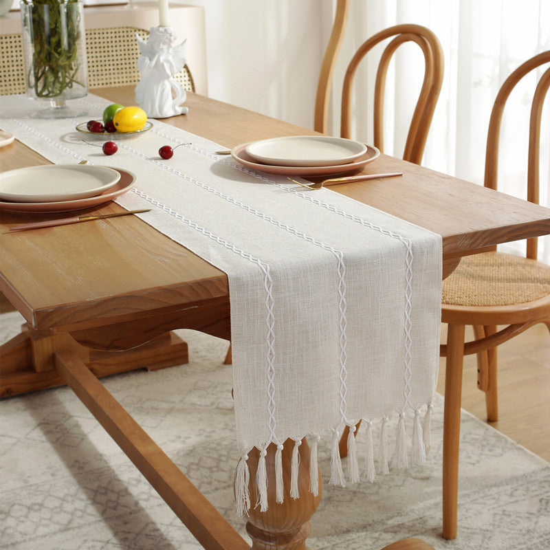 Bohemian Striped Table Runner for Dining Room | Handwoven Tassel Decoration